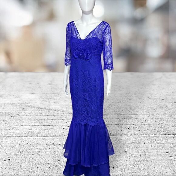 Rickie Freeman Blue Lace 3/4 Sleeve Long Dress Gown - Picture 1 of 8